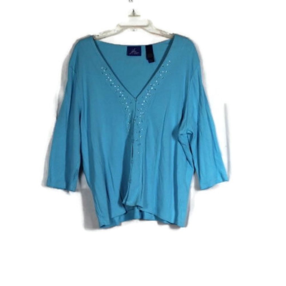 J H Collectibles Blue Women's 2 Piece Sweater Beads Blouse Top Set Size 2 043